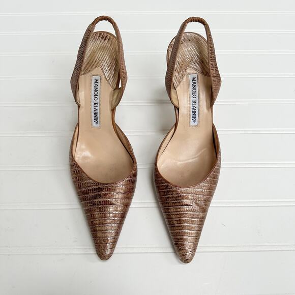Manolo Blahnik Carolyne Rose Gold Metallic Python Slingback Heels Vintage 38 - Picture 1 of 7
